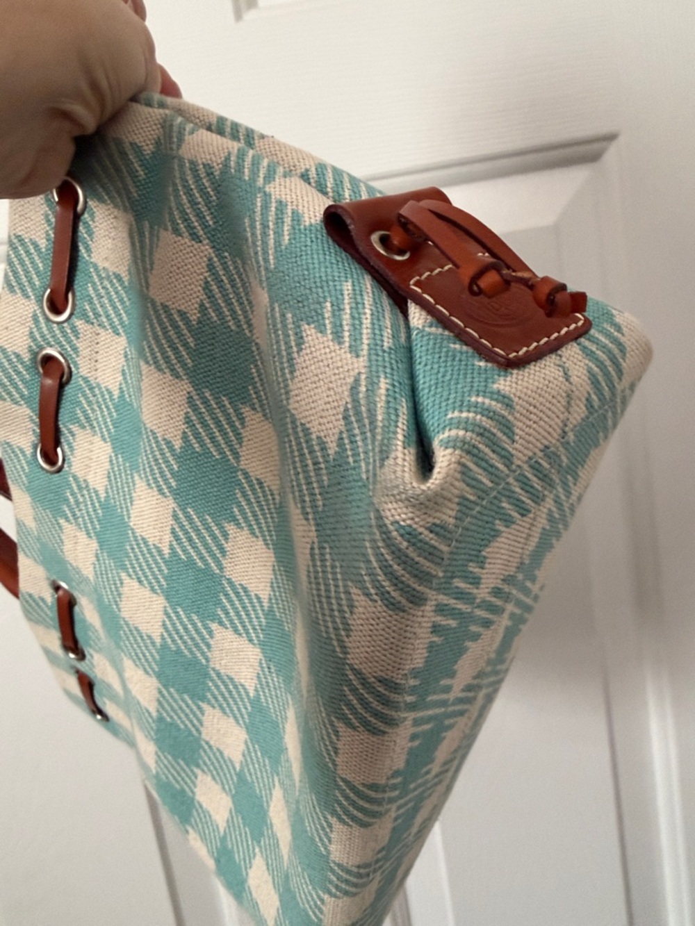 Dooney & Bourke Teal and Cream Plaid Canvas Small Tulip Tassel Tote - Picture 10 of 16